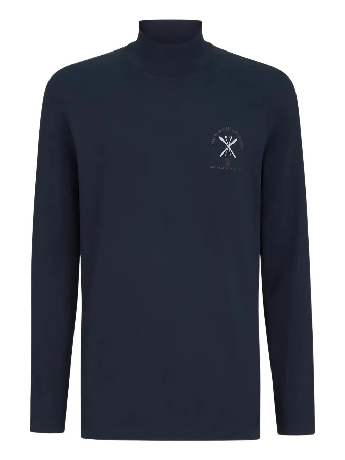 Brunello Cucinelli Men's Comfort Silk Jersey Long Sleeve T-Shirt with Embroidery - Navy Blue
