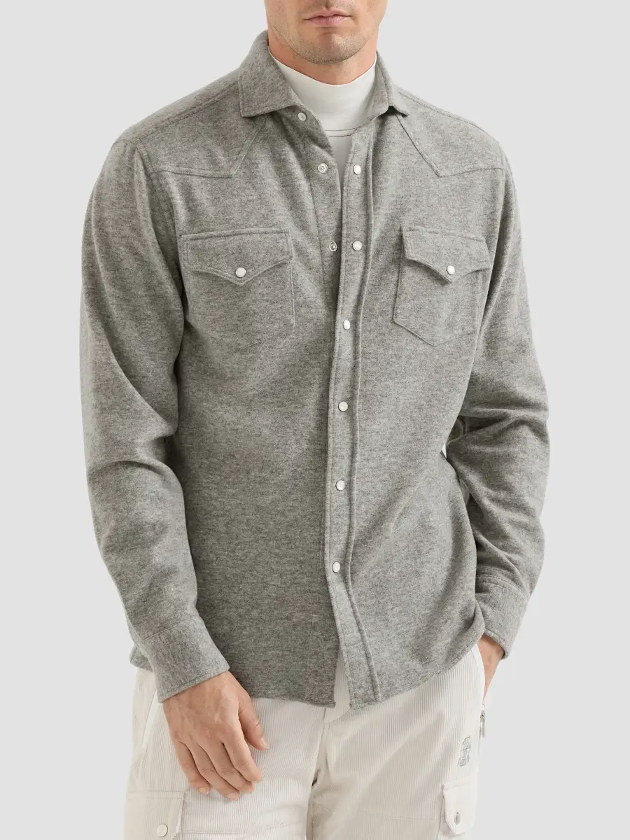 Brunello Cucinelli Men's Techno Cashmere and Cotton Western Shirt | Thumbnail 3 Brunello Cucinelli Men's Techno Cashmere and Cotton Western Shirt | Thumbnail 3