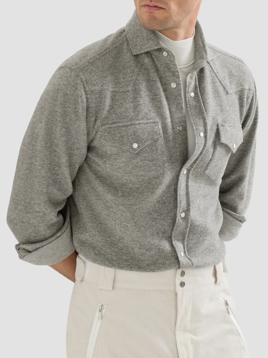 Brunello Cucinelli Men's Techno Cashmere and Cotton Western Shirt | Thumbnail 6 Brunello Cucinelli Men's Techno Cashmere and Cotton Western Shirt | Thumbnail 6