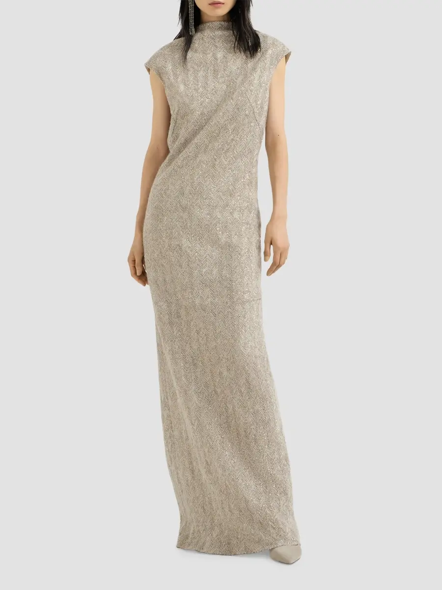 Brunello Cucinelli Women's Dazzling Chevron Embroidery Dress in Sparkling Mohair and Wool - Rope | Thumbnail 2 Brunello Cucinelli Women's Dazzling Chevron Embroidery Dress in Sparkling Mohair and Wool - Rope | Thumbnail 2