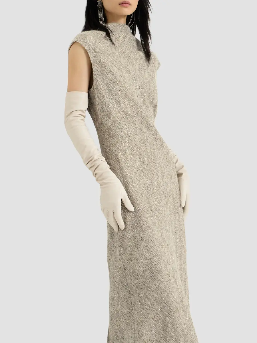 Brunello Cucinelli Women's Dazzling Chevron Embroidery Dress in Sparkling Mohair and Wool - Rope | Thumbnail 4 Brunello Cucinelli Women's Dazzling Chevron Embroidery Dress in Sparkling Mohair and Wool - Rope | Thumbnail 4