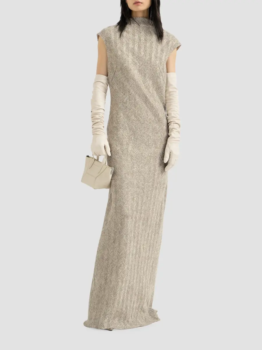 Brunello Cucinelli Women's Dazzling Chevron Embroidery Dress in Sparkling Mohair and Wool - Rope | Thumbnail 6 Brunello Cucinelli Women's Dazzling Chevron Embroidery Dress in Sparkling Mohair and Wool - Rope | Thumbnail 6