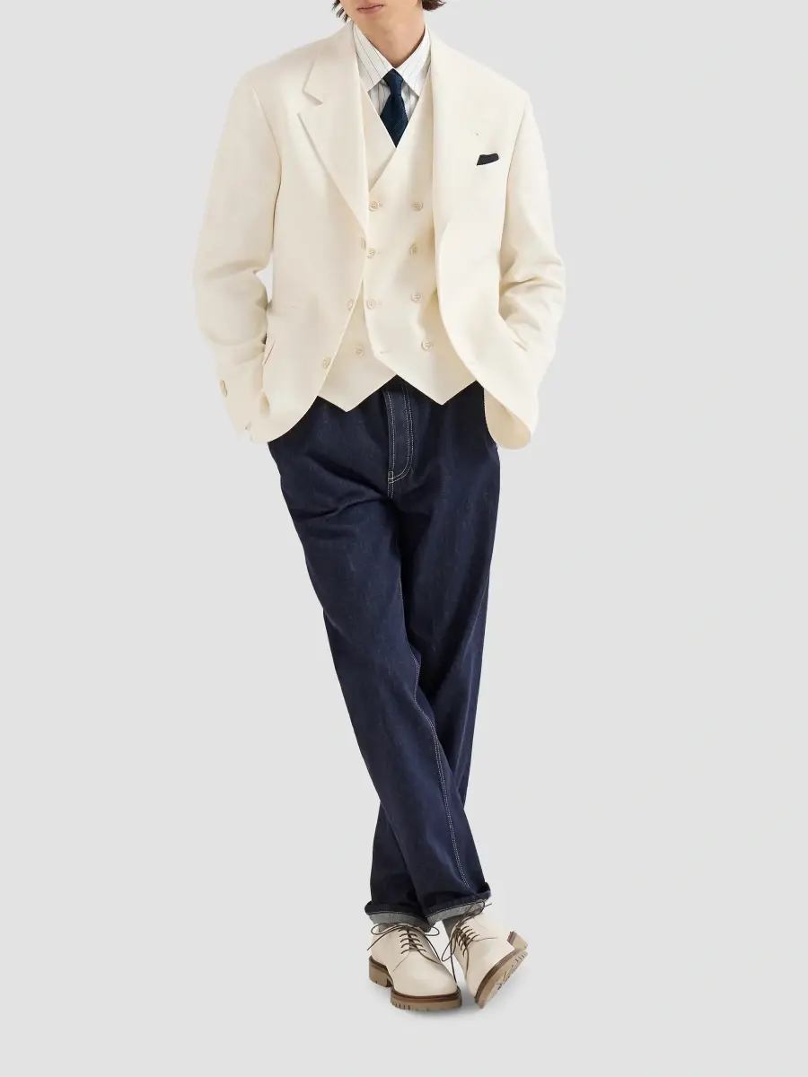 Brunello Cucinelli Men's Virgin Wool and Cotton Chevron One And A Half Breasted Waistcoat | Thumbnail 2 Brunello Cucinelli Men's Virgin Wool and Cotton Chevron One And A Half Breasted Waistcoat | Thumbnail 2