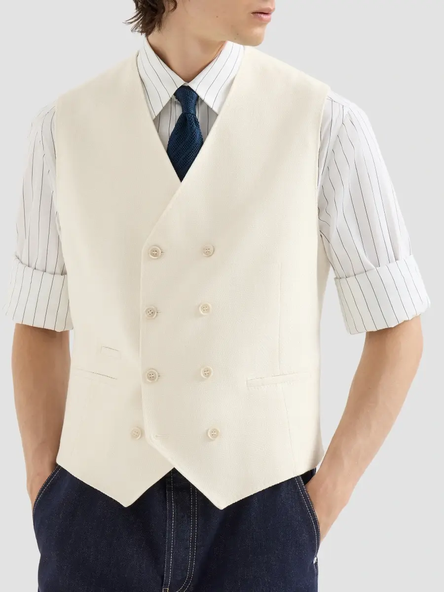 Brunello Cucinelli Men's Virgin Wool and Cotton Chevron One And A Half Breasted Waistcoat | Thumbnail 3 Brunello Cucinelli Men's Virgin Wool and Cotton Chevron One And A Half Breasted Waistcoat | Thumbnail 3
