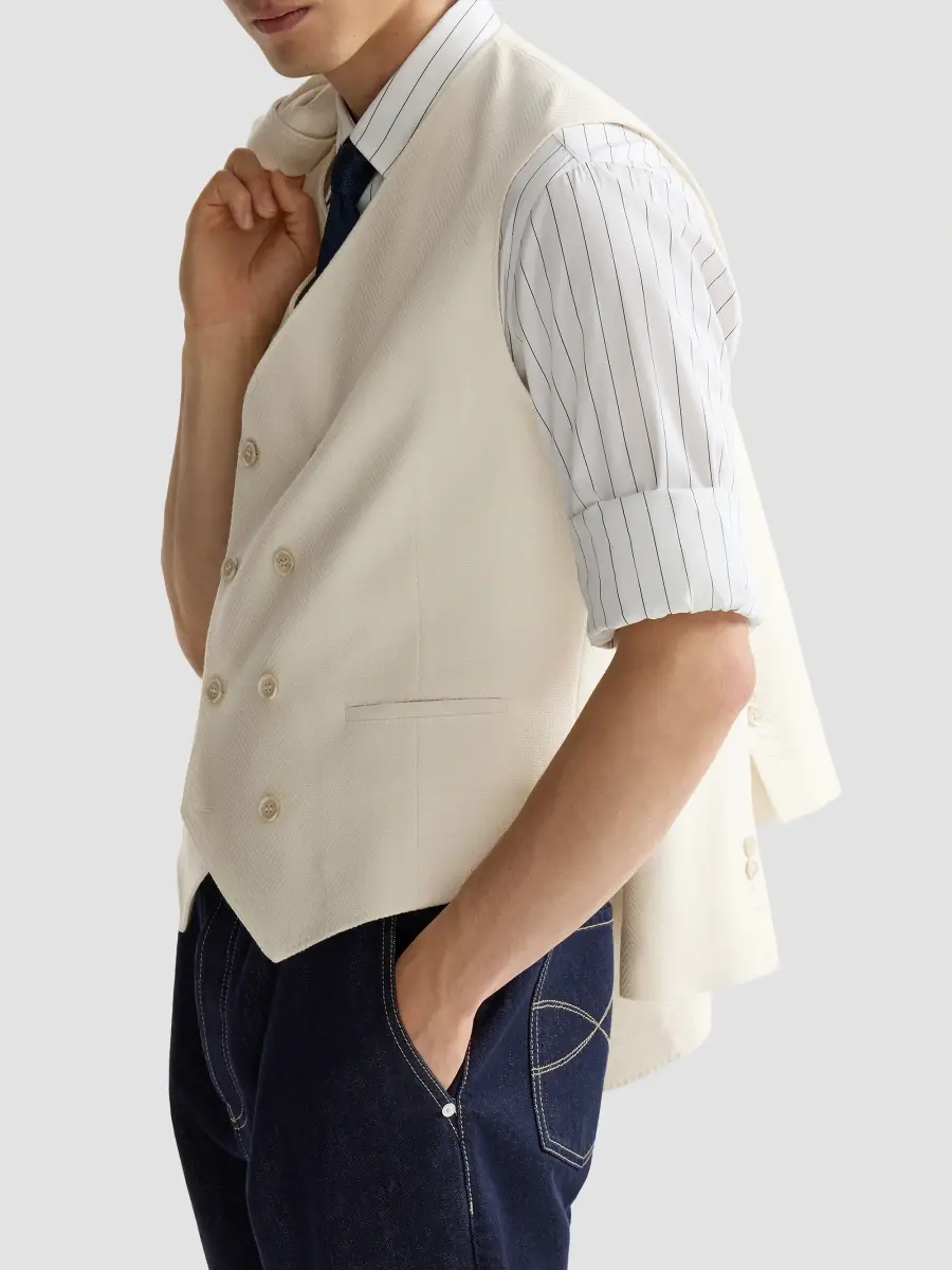 Brunello Cucinelli Men's Virgin Wool and Cotton Chevron One And A Half Breasted Waistcoat | Thumbnail 6 Brunello Cucinelli Men's Virgin Wool and Cotton Chevron One And A Half Breasted Waistcoat | Thumbnail 6