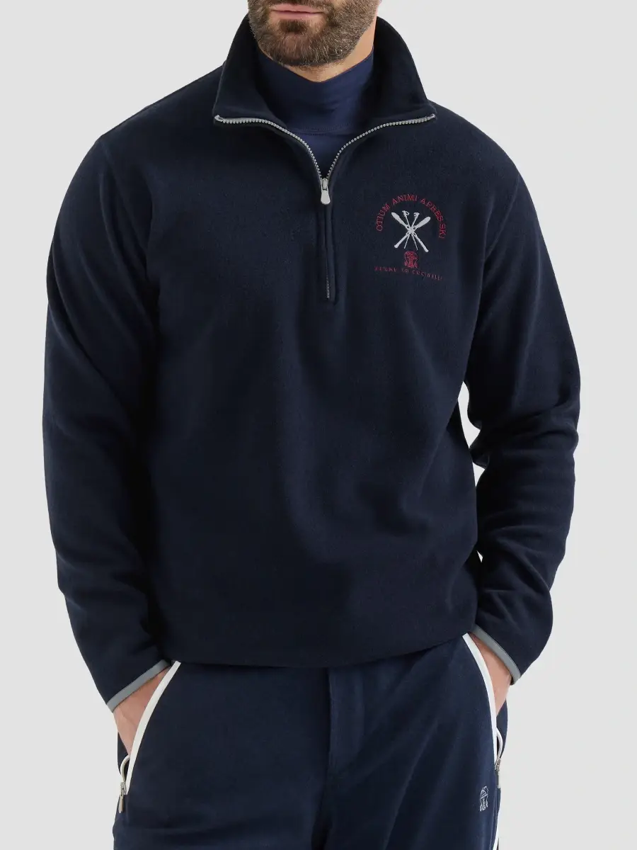 Brunello Cucinelli Men's Techno Cashmere and Cotton Sweatshirt with Half Zip - Navy Blue | Thumbnail 3 Brunello Cucinelli Men's Techno Cashmere and Cotton Sweatshirt with Half Zip - Navy Blue | Thumbnail 3