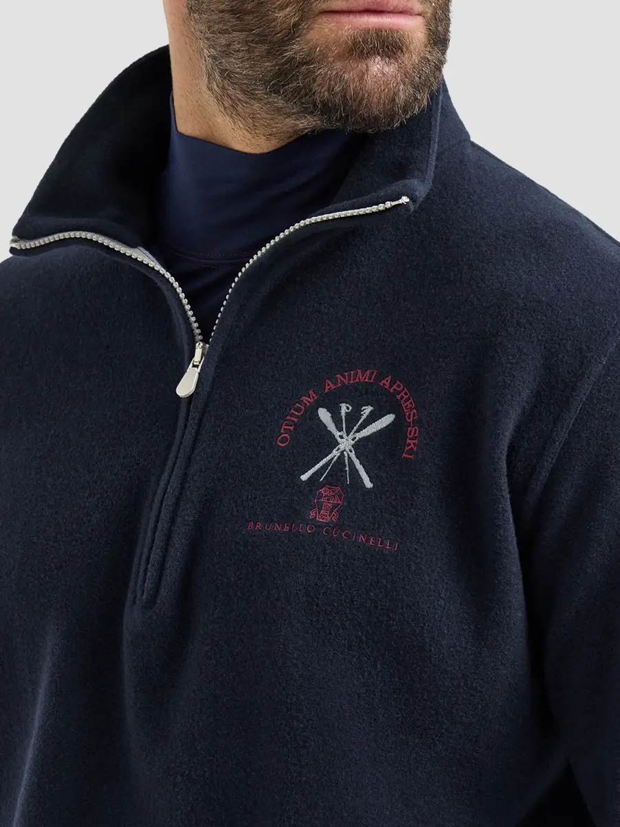 Brunello Cucinelli Men's Techno Cashmere and Cotton Sweatshirt with Half Zip - Navy Blue | Thumbnail 5 Brunello Cucinelli Men's Techno Cashmere and Cotton Sweatshirt with Half Zip - Navy Blue | Thumbnail 5
