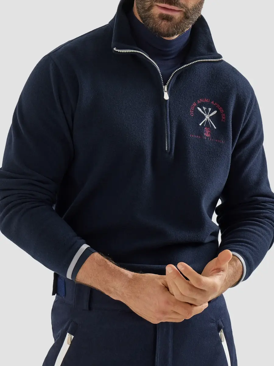 Brunello Cucinelli Men's Techno Cashmere and Cotton Sweatshirt with Half Zip - Navy Blue | Thumbnail 6 Brunello Cucinelli Men's Techno Cashmere and Cotton Sweatshirt with Half Zip - Navy Blue | Thumbnail 6