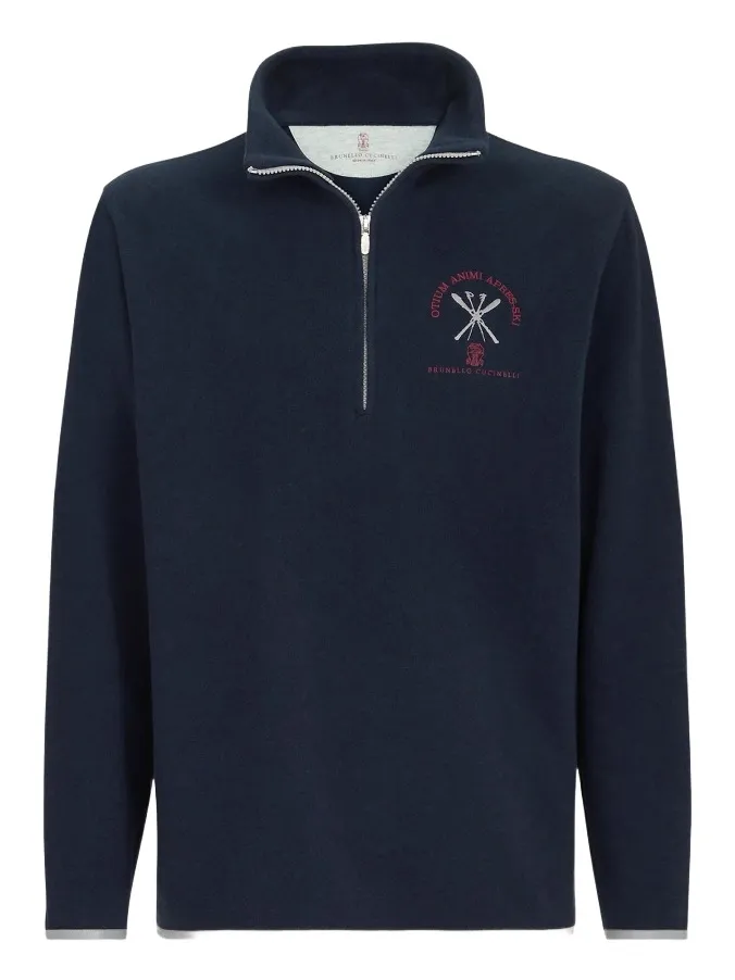 Brunello Cucinelli Men's Techno Cashmere and Cotton Sweatshirt with Half Zip - Navy Blue