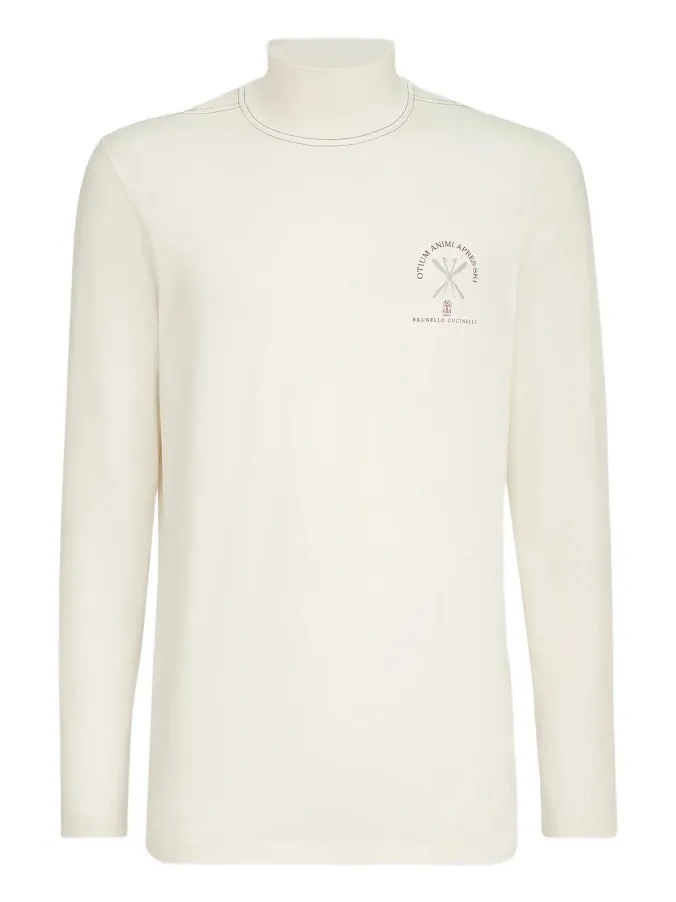 Brunello Cucinelli Men's Comfort Silk Jersey Long Sleeve T-Shirt with Embroidery - Panama