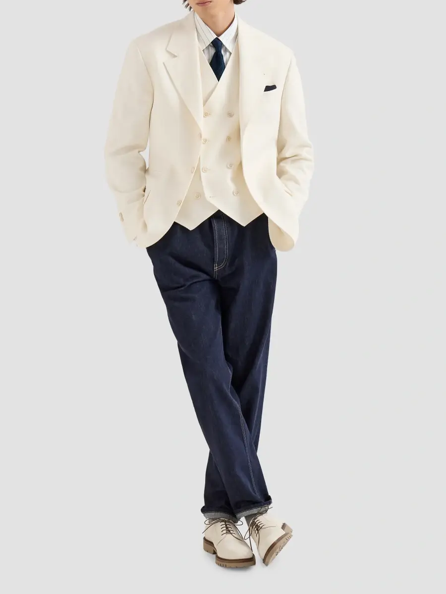 Brunello Cucinelli Men's Pinstripe Poplin Shirt with Italian Collar and Chest Pocket - White | Thumbnail 2 Brunello Cucinelli Men's Pinstripe Poplin Shirt with Italian Collar and Chest Pocket - White | Thumbnail 2