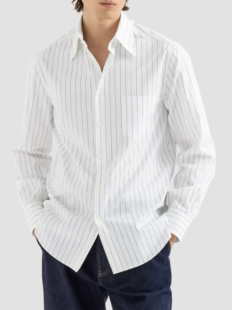 Brunello Cucinelli Men's Pinstripe Poplin Shirt with Italian Collar and Chest Pocket - White | Thumbnail 3 Brunello Cucinelli Men's Pinstripe Poplin Shirt with Italian Collar and Chest Pocket - White | Thumbnail 3