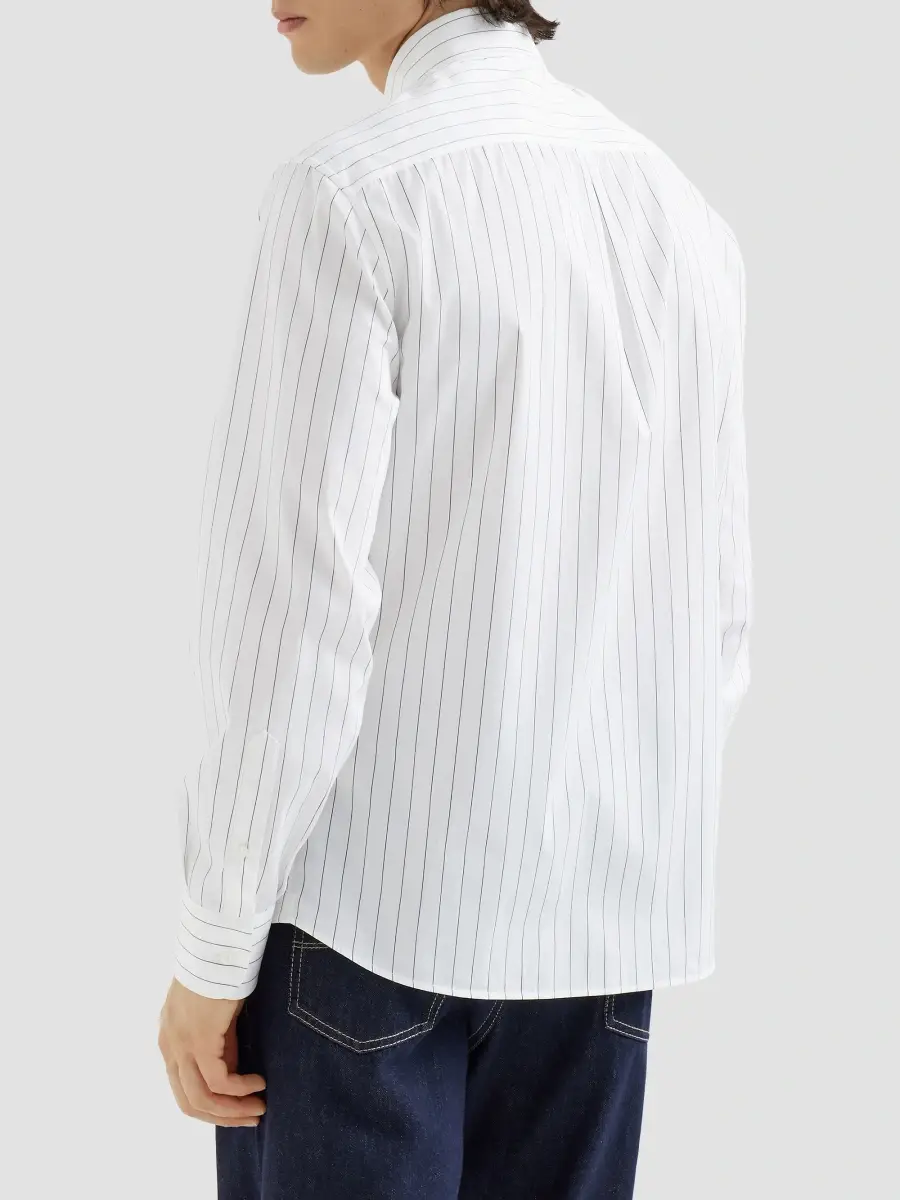 Brunello Cucinelli Men's Pinstripe Poplin Shirt with Italian Collar and Chest Pocket - White | Thumbnail 4 Brunello Cucinelli Men's Pinstripe Poplin Shirt with Italian Collar and Chest Pocket - White | Thumbnail 4