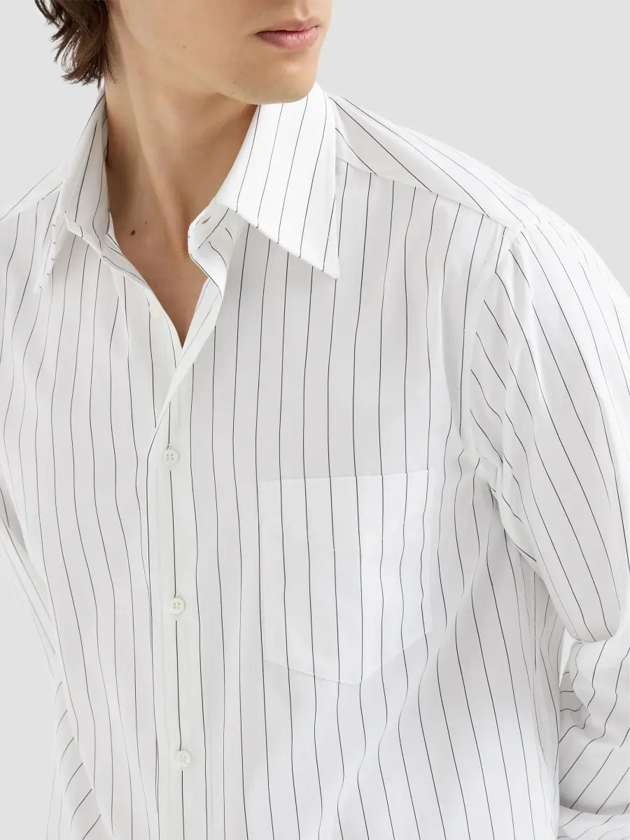 Brunello Cucinelli Men's Pinstripe Poplin Shirt with Italian Collar and Chest Pocket - White | Thumbnail 5 Brunello Cucinelli Men's Pinstripe Poplin Shirt with Italian Collar and Chest Pocket - White | Thumbnail 5