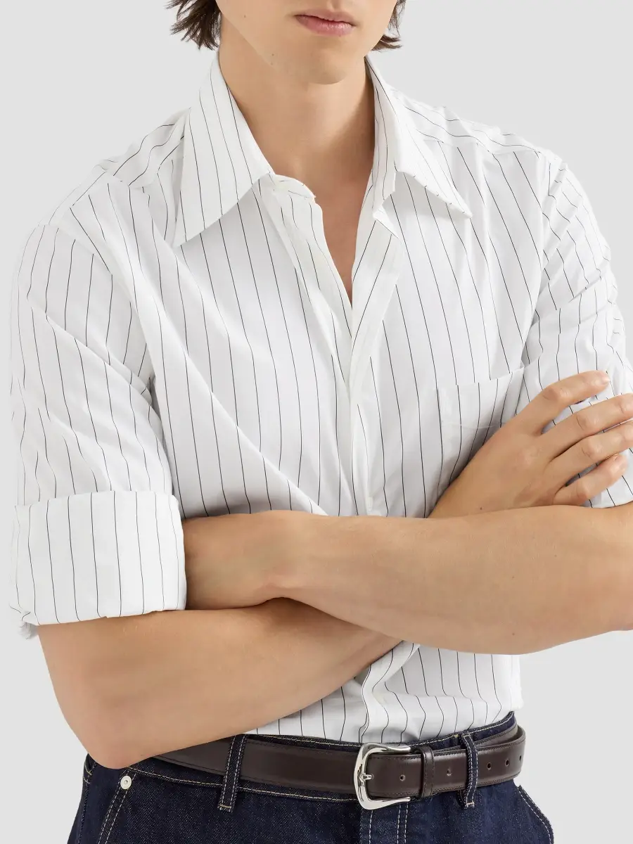 Brunello Cucinelli Men's Pinstripe Poplin Shirt with Italian Collar and Chest Pocket - White | Thumbnail 6 Brunello Cucinelli Men's Pinstripe Poplin Shirt with Italian Collar and Chest Pocket - White | Thumbnail 6