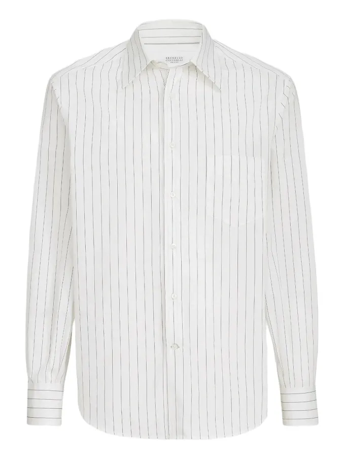 Brunello Cucinelli Men's Pinstripe Poplin Shirt with Italian Collar and Chest Pocket - White