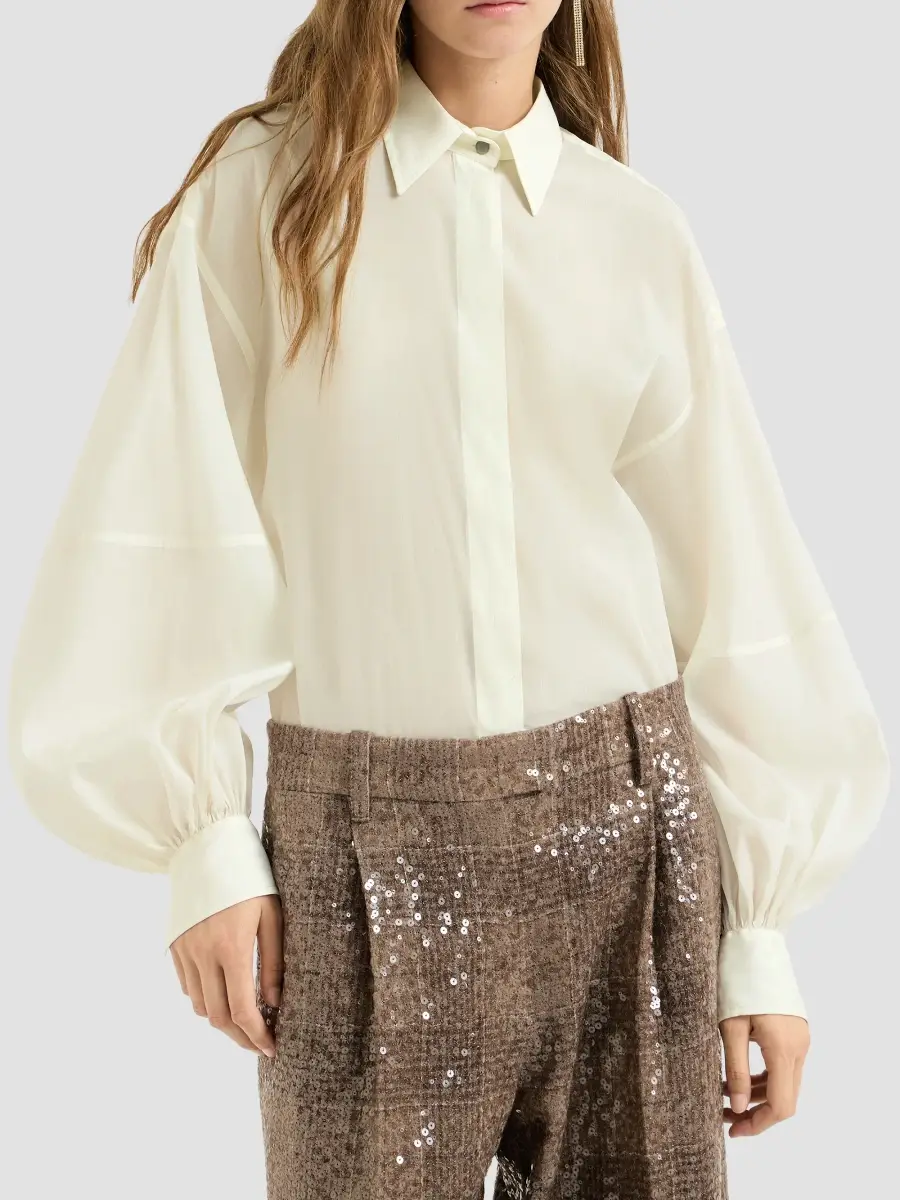 Brunello Cucinelli Women's Silk Sparkling Pinstripe Shirt with Monili - White | Thumbnail 3 Brunello Cucinelli Women's Silk Sparkling Pinstripe Shirt with Monili - White | Thumbnail 3