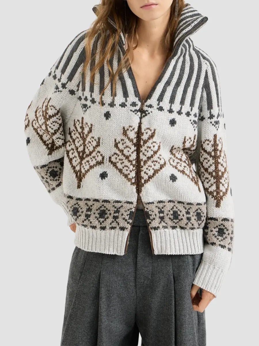 Brunello Cucinelli Women's Cashmere and Mohair Nordic Heritage High-Neck Cardigan | Thumbnail 3 Brunello Cucinelli Women's Cashmere and Mohair Nordic Heritage High-Neck Cardigan | Thumbnail 3