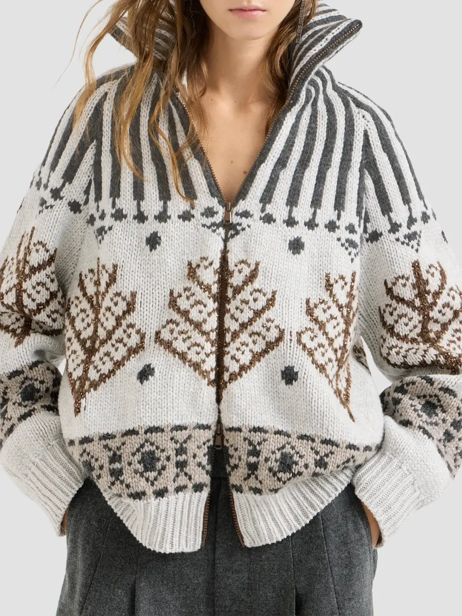 Brunello Cucinelli Women's Cashmere and Mohair Nordic Heritage High-Neck Cardigan | Thumbnail 6 Brunello Cucinelli Women's Cashmere and Mohair Nordic Heritage High-Neck Cardigan | Thumbnail 6