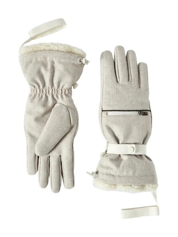 Brunello Cucinelli Women's Virgin Wool Flannel Mountain Gloves with Shearling Insert, Thermore Padding and Monili - Cool Beige