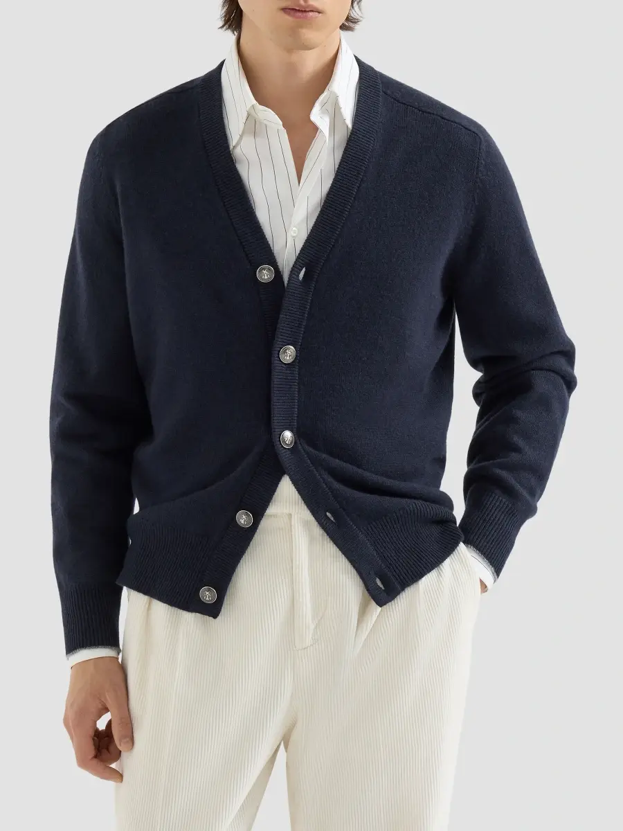 Brunello Cucinelli Men's Cashmere Cardigan with Metal Buttons - Navy Blue | Thumbnail 2 Brunello Cucinelli Men's Cashmere Cardigan with Metal Buttons - Navy Blue | Thumbnail 2