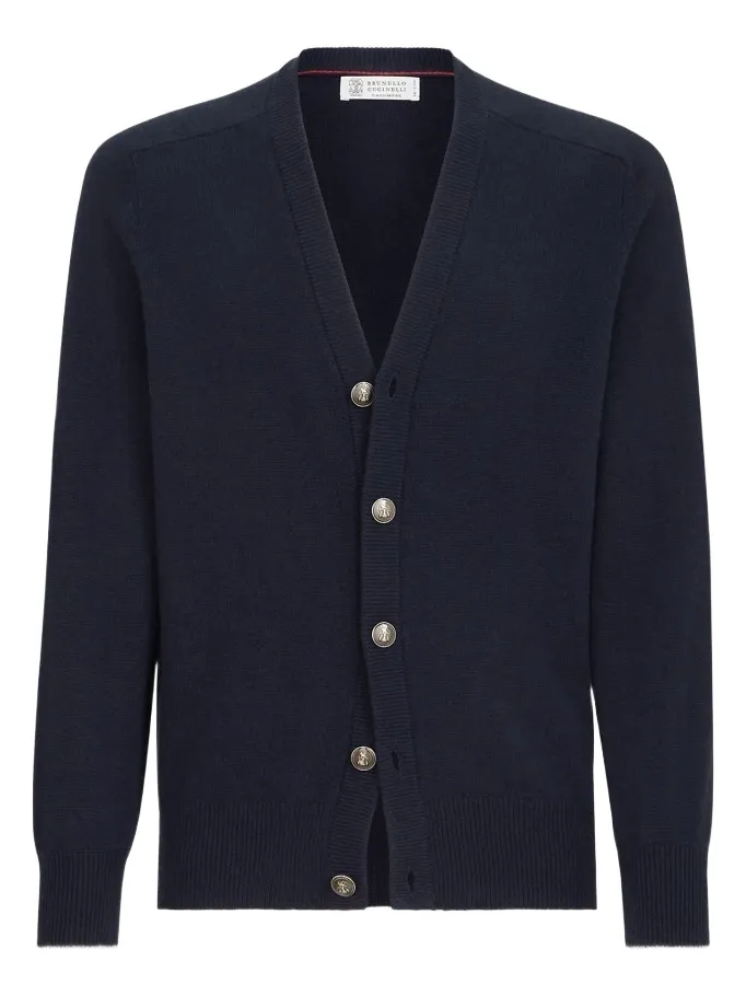 Brunello Cucinelli Men's Cashmere Cardigan with Metal Buttons - Navy Blue