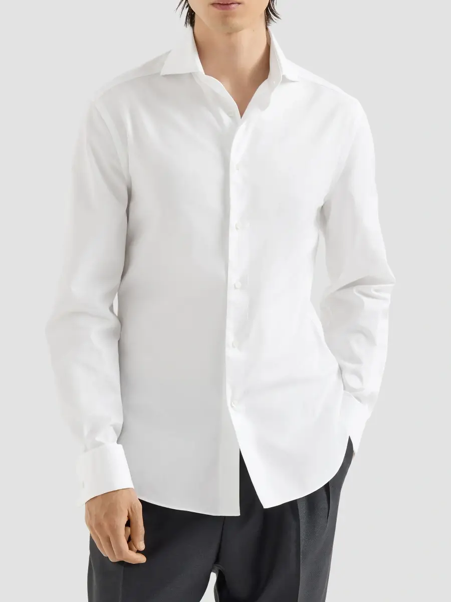 Brunello Cucinelli Men's Sea Island Cotton Twill Shirt with Italian Collar - White | Thumbnail 3 Brunello Cucinelli Men's Sea Island Cotton Twill Shirt with Italian Collar - White | Thumbnail 3