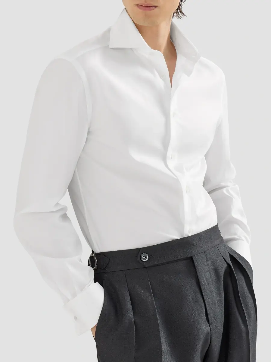 Brunello Cucinelli Men's Sea Island Cotton Twill Shirt with Italian Collar - White | Thumbnail 6 Brunello Cucinelli Men's Sea Island Cotton Twill Shirt with Italian Collar - White | Thumbnail 6