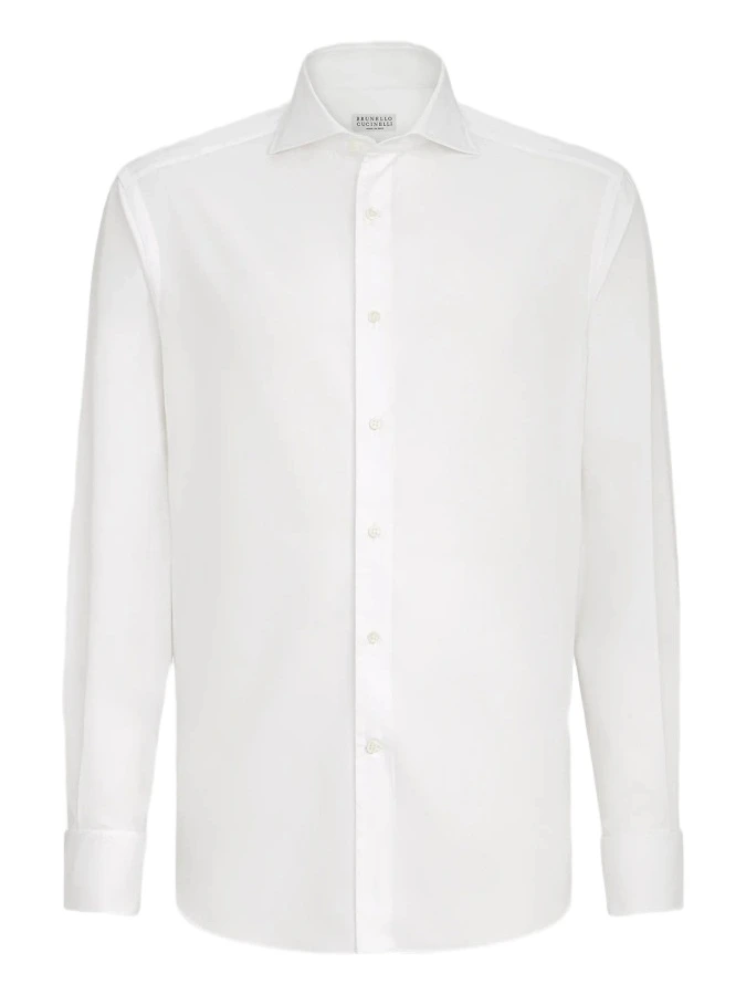 Brunello Cucinelli Men's Sea Island Cotton Twill Shirt with Italian Collar - White