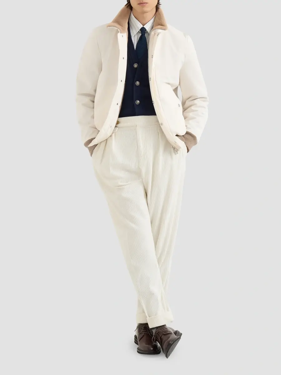 Brunello Cucinelli Men's Bonded Nylon Aviator Jacket with Shearling Lining - White | Thumbnail 2 Brunello Cucinelli Men's Bonded Nylon Aviator Jacket with Shearling Lining - White | Thumbnail 2