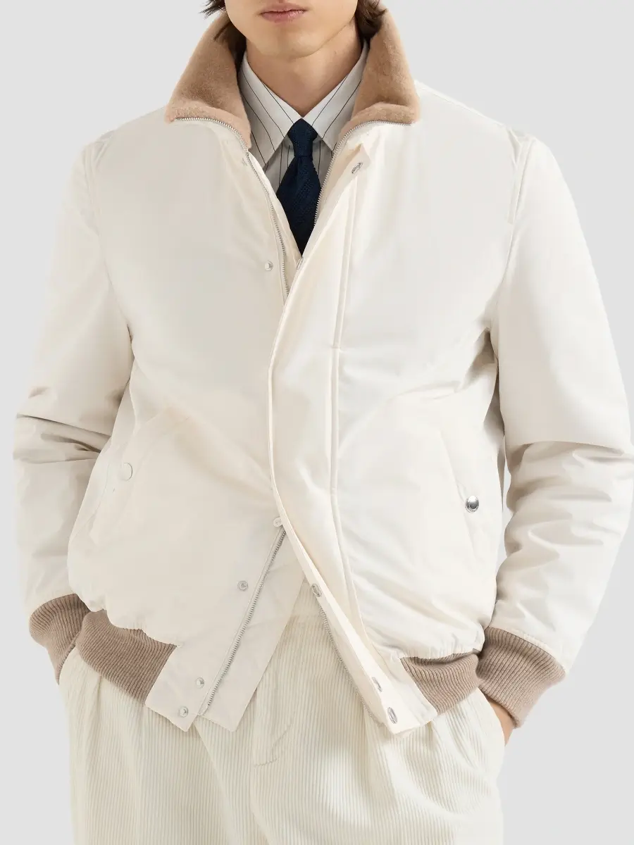 Brunello Cucinelli Men's Bonded Nylon Aviator Jacket with Shearling Lining - White | Thumbnail 3 Brunello Cucinelli Men's Bonded Nylon Aviator Jacket with Shearling Lining - White | Thumbnail 3