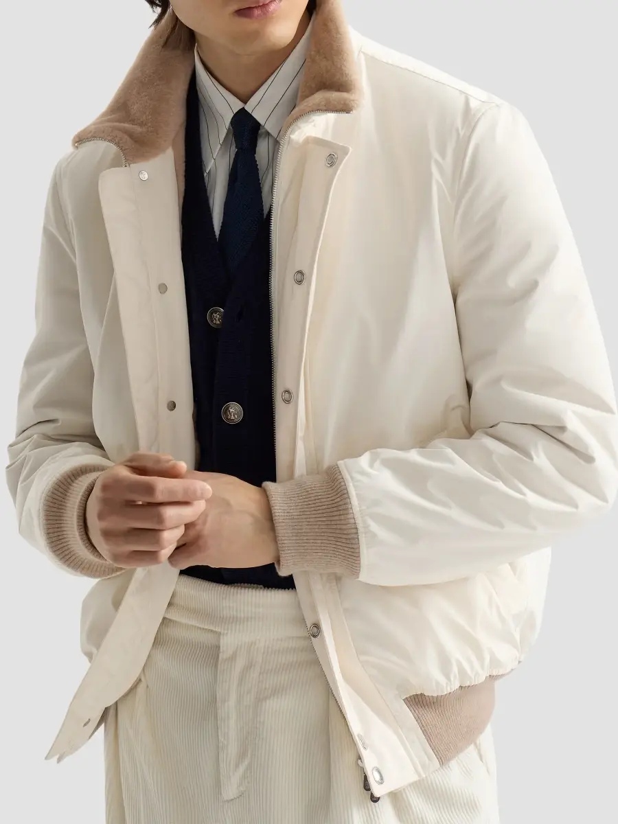 Brunello Cucinelli Men's Bonded Nylon Aviator Jacket with Shearling Lining - White | Thumbnail 5 Brunello Cucinelli Men's Bonded Nylon Aviator Jacket with Shearling Lining - White | Thumbnail 5