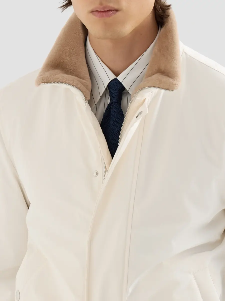 Brunello Cucinelli Men's Bonded Nylon Aviator Jacket with Shearling Lining - White | Thumbnail 6 Brunello Cucinelli Men's Bonded Nylon Aviator Jacket with Shearling Lining - White | Thumbnail 6