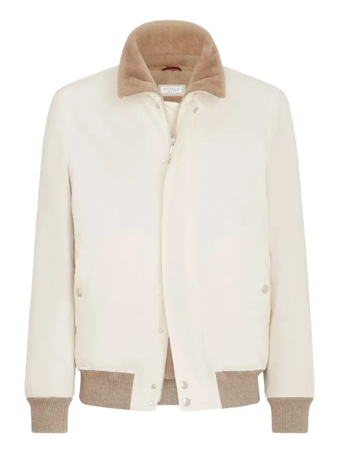 Brunello Cucinelli Men's Bonded Nylon Aviator Jacket with Shearling Lining - White
