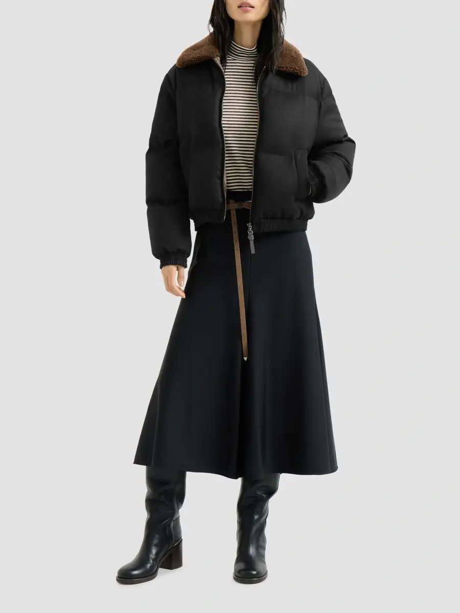 Brunello Cucinelli Women's Bonded Virgin Wool Down Coat with Shearling Collar and Shiny Zipper Pull | Thumbnail 2