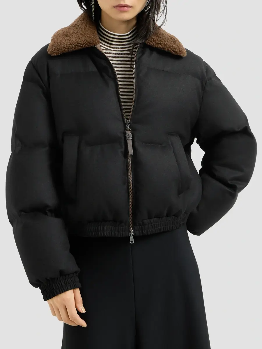 Brunello Cucinelli Women's Bonded Virgin Wool Down Coat with Shearling Collar and Shiny Zipper Pull | Thumbnail 3