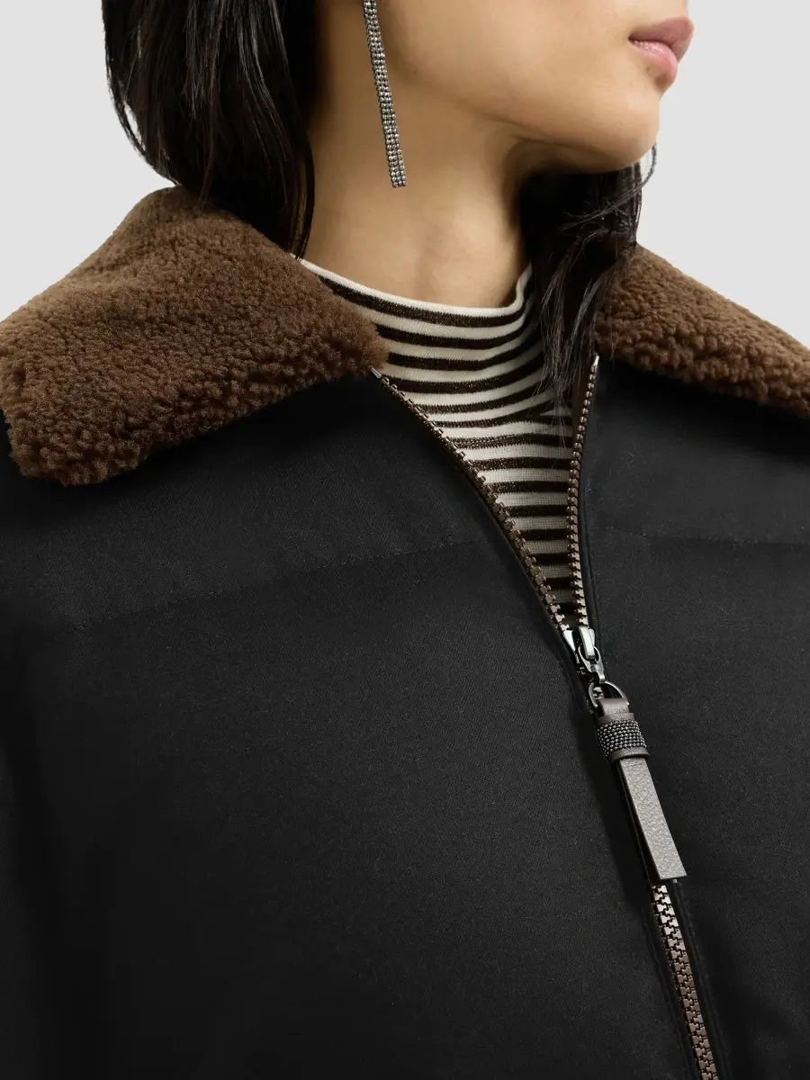 Brunello Cucinelli Women's Bonded Virgin Wool Down Coat with Shearling Collar and Shiny Zipper Pull | Thumbnail 5
