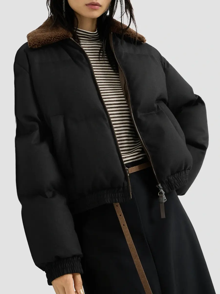Brunello Cucinelli Women's Bonded Virgin Wool Down Coat with Shearling Collar and Shiny Zipper Pull | Thumbnail 6