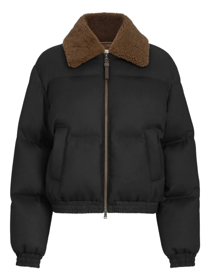 Women's Bonded Virgin Wool Down Coat with Shearling Collar and Shiny Zipper Pull Women's Bonded Virgin Wool Down Coat with Shearling Collar and Shiny Zipper Pull