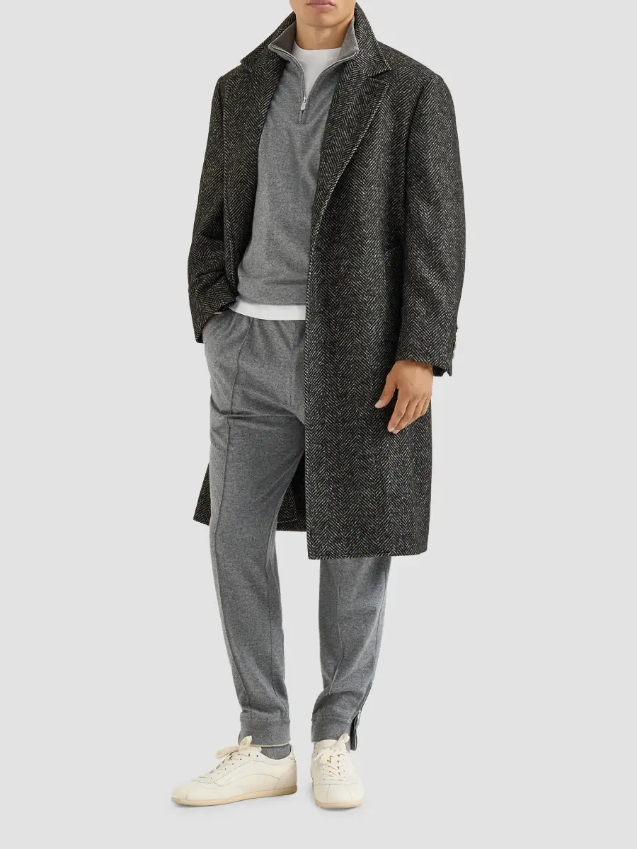 Brunello Cucinelli Men's Virgin Wool and Alpaca Chevron Coat with Metal Buttons - Dark Grey | Thumbnail 2 Brunello Cucinelli Men's Virgin Wool and Alpaca Chevron Coat with Metal Buttons - Dark Grey | Thumbnail 2