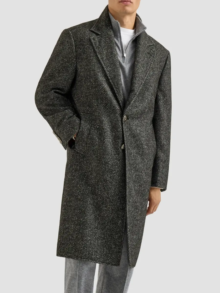 Brunello Cucinelli Men's Virgin Wool and Alpaca Chevron Coat with Metal Buttons - Dark Grey | Thumbnail 3 Brunello Cucinelli Men's Virgin Wool and Alpaca Chevron Coat with Metal Buttons - Dark Grey | Thumbnail 3