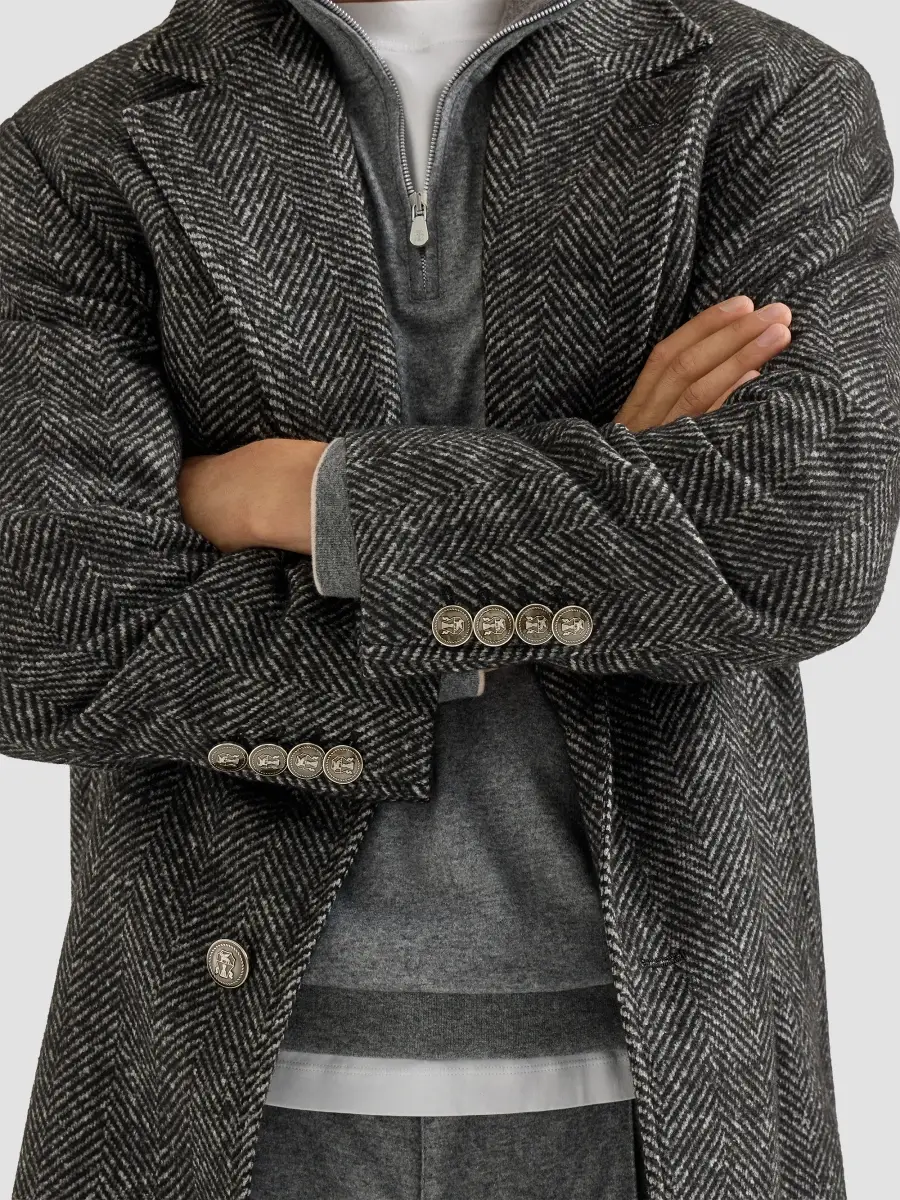 Brunello Cucinelli Men's Virgin Wool and Alpaca Chevron Coat with Metal Buttons - Dark Grey | Thumbnail 6 Brunello Cucinelli Men's Virgin Wool and Alpaca Chevron Coat with Metal Buttons - Dark Grey | Thumbnail 6