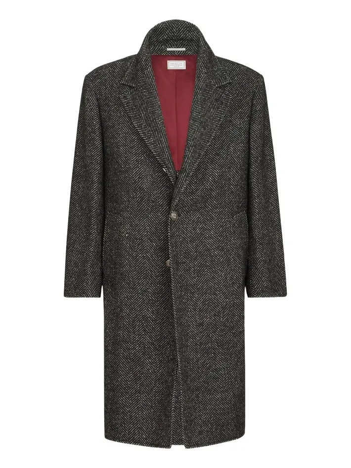 Brunello Cucinelli Men's Virgin Wool and Alpaca Chevron Coat with Metal Buttons - Dark Grey