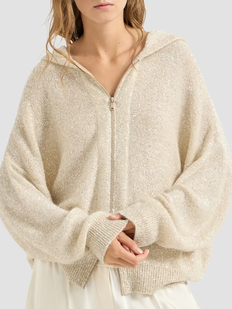 Brunello Cucinelli Women's Dazzling Texture Mohair and Wool Hooded Cardigan | Thumbnail 3
