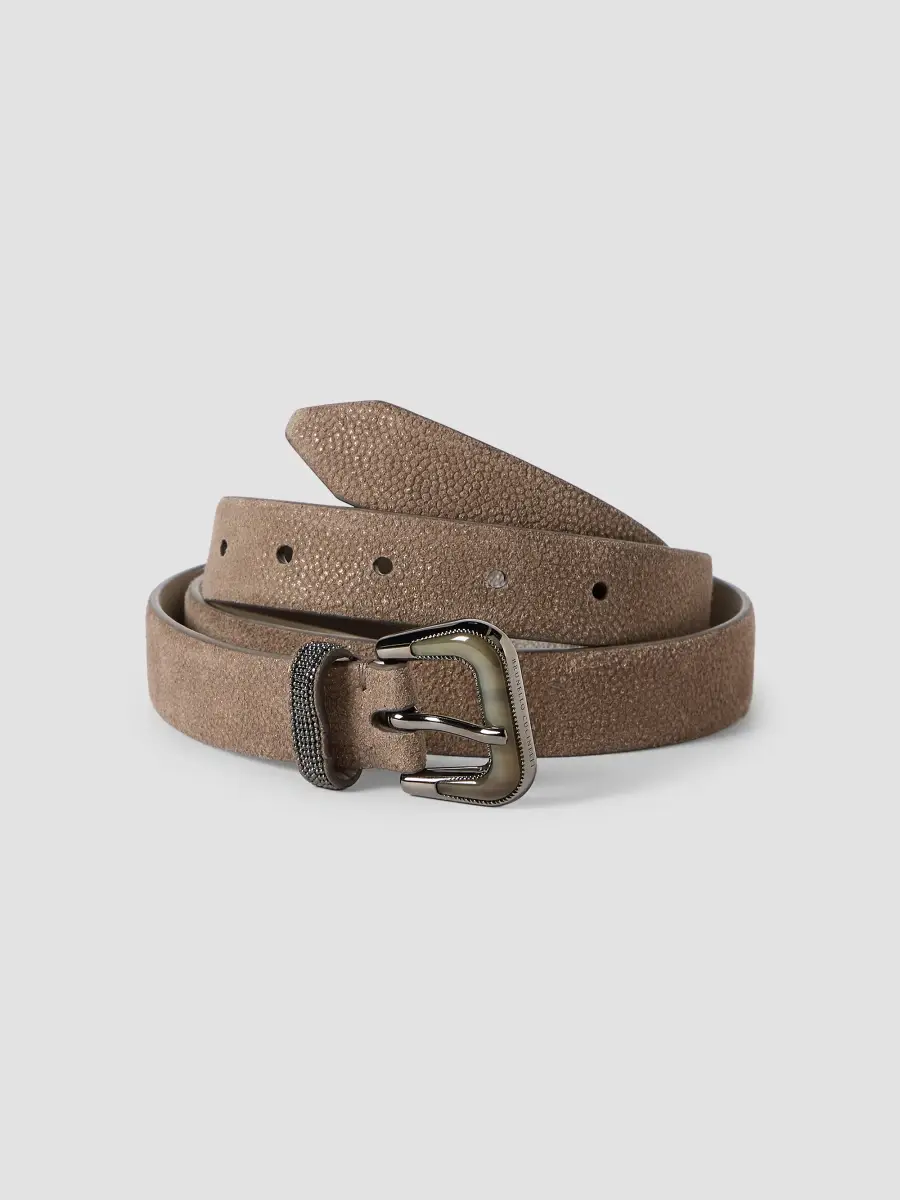 Brunello Cucinelli Women's Sparkling Textured Leather Belt with Monili - Bark | Thumbnail 3