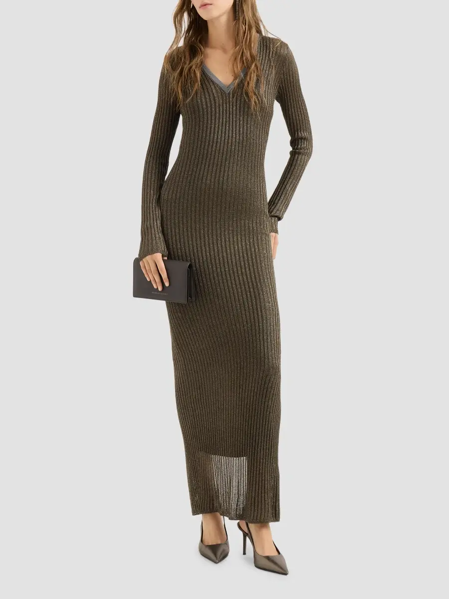 Brunello Cucinelli Women's Sparkling Rib Knit Dress with Precious Collar - Coffee | Thumbnail 2 Brunello Cucinelli Women's Sparkling Rib Knit Dress with Precious Collar - Coffee | Thumbnail 2