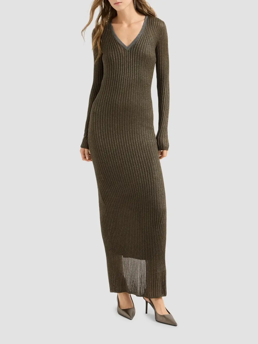 Brunello Cucinelli Women's Sparkling Rib Knit Dress with Precious Collar - Coffee | Thumbnail 3 Brunello Cucinelli Women's Sparkling Rib Knit Dress with Precious Collar - Coffee | Thumbnail 3