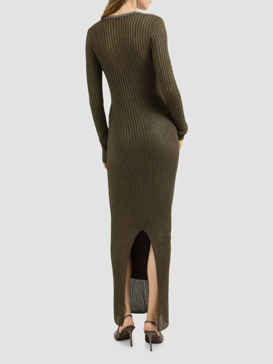 Brunello Cucinelli Women's Sparkling Rib Knit Dress with Precious Collar - Coffee | Thumbnail 4 Brunello Cucinelli Women's Sparkling Rib Knit Dress with Precious Collar - Coffee | Thumbnail 4