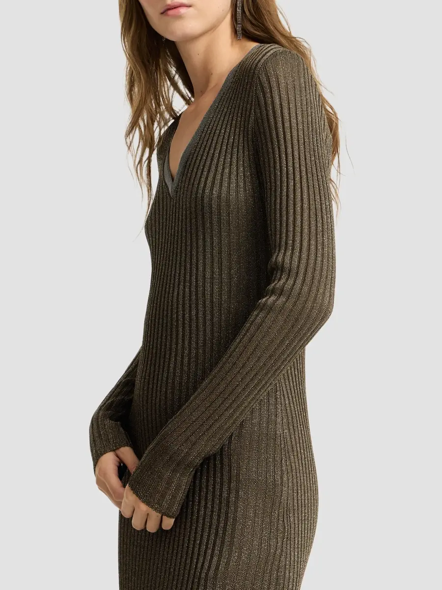 Brunello Cucinelli Women's Sparkling Rib Knit Dress with Precious Collar - Coffee | Thumbnail 5 Brunello Cucinelli Women's Sparkling Rib Knit Dress with Precious Collar - Coffee | Thumbnail 5