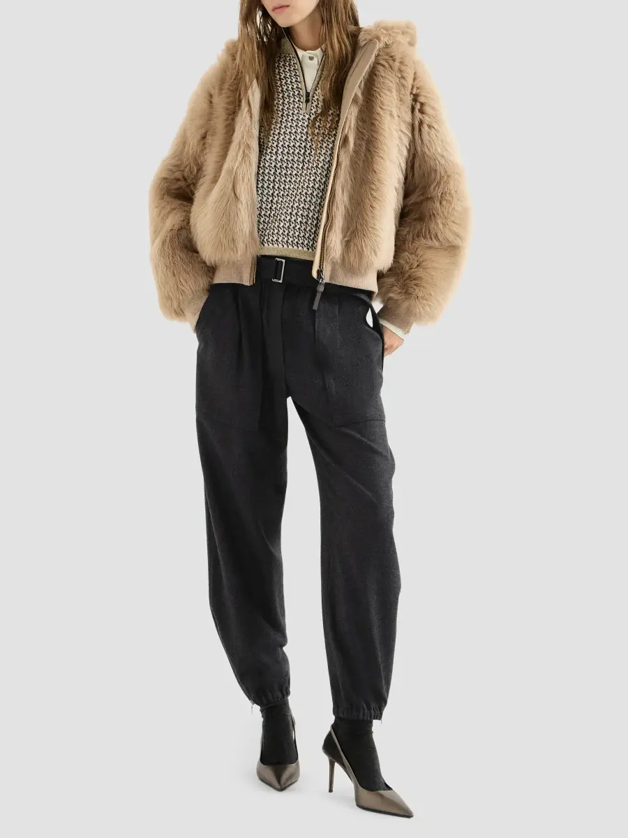 Brunello Cucinelli Women's Virgin Wool and Cashmere Twill Flannel Loose Cargo Trousers | Thumbnail 2